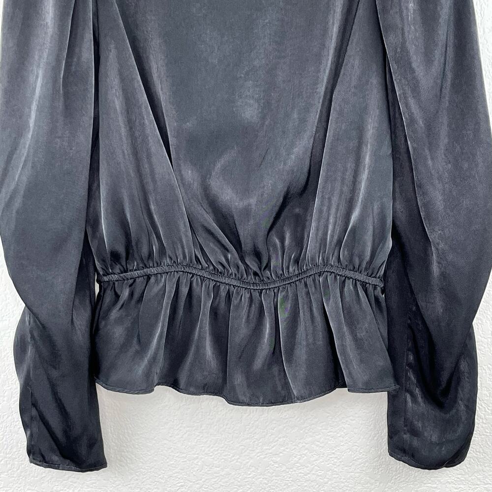 DKNY Black Satin Peplum Blouse V-Neck Long Puff Sleeve Evening Party XS NWT - Picture 10 of 13